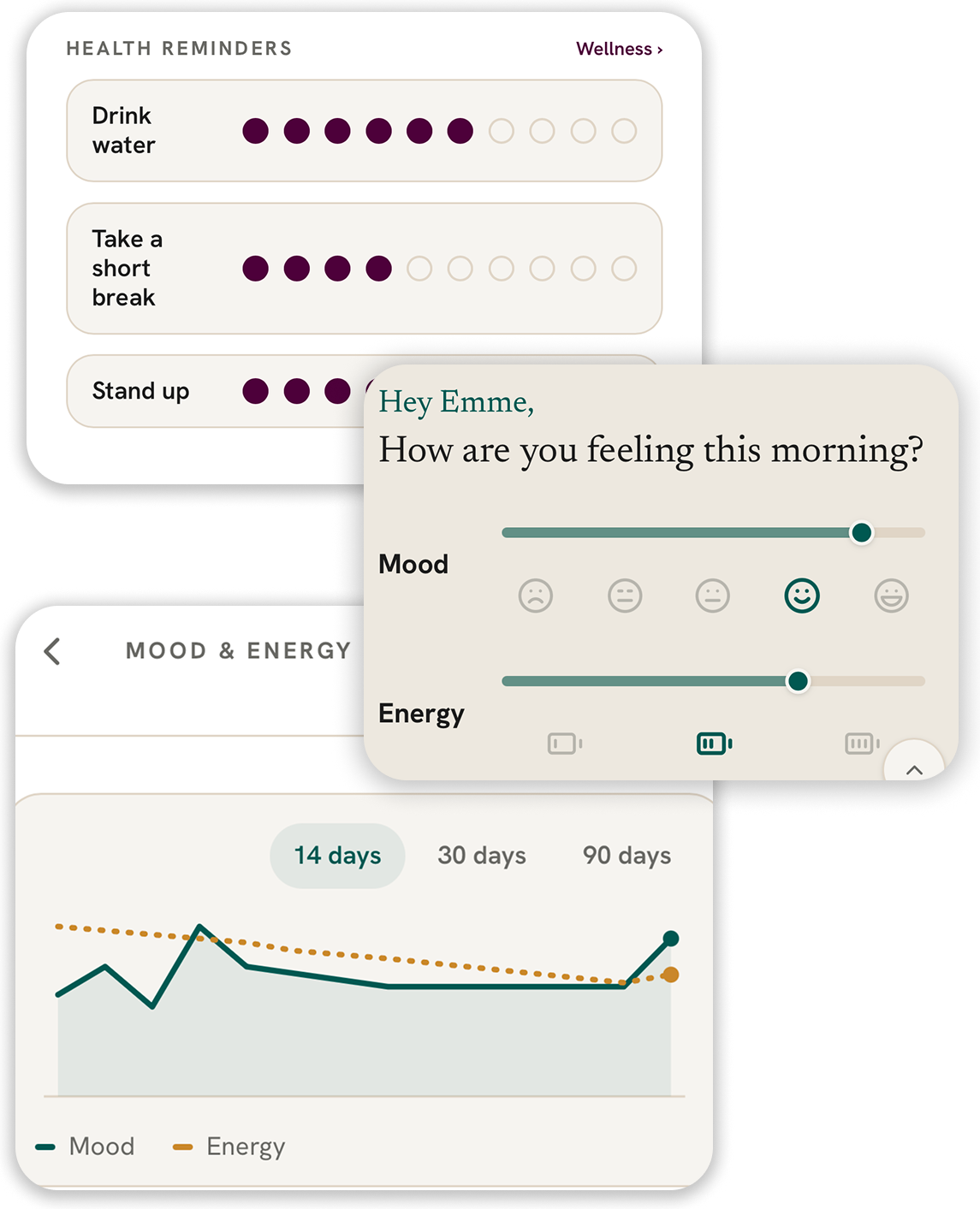 Health reminders, mood and energy tracking
